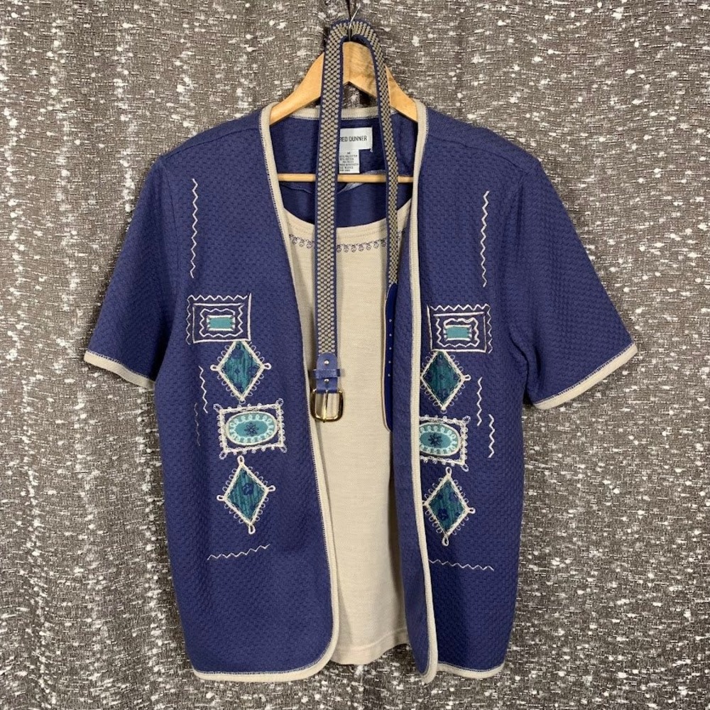 Alfred Dunner Embroidered Short Sleeve Blouse Cottagecore Women's Medium